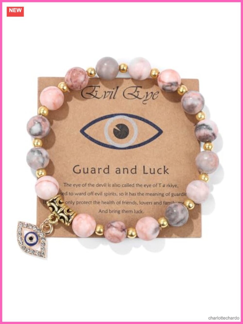 8mm Natural Stone Evil Eye Beaded Bracelet 14K Gold Plated Charm Stretch
